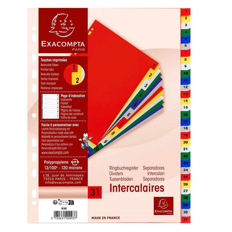 Exacompta Divisori numerici 31 tasti 1-31 polipropilene colori A4 120 micron - A4 - x 20  