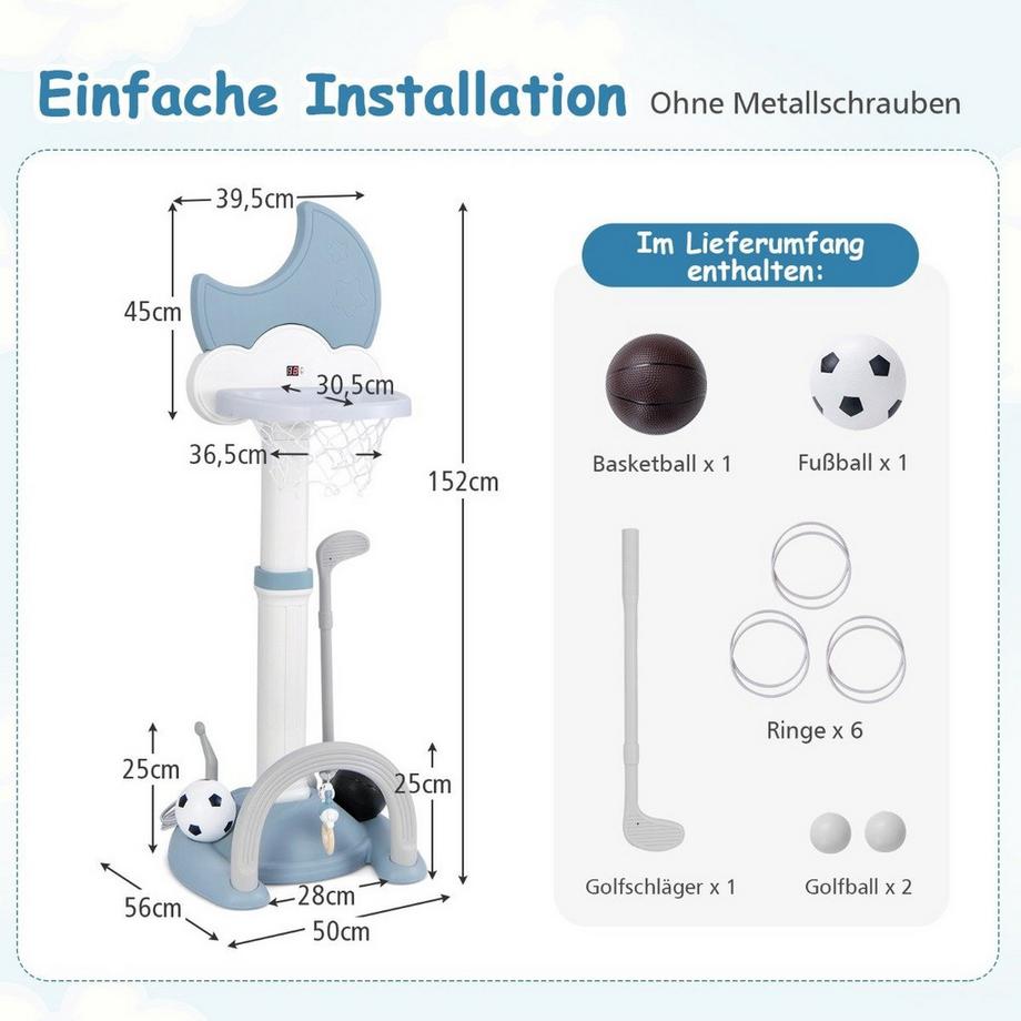 Northix  4 in 1 Kinder Basketballkorb Set mit Basketball & Fußball & Ringwurf Basketballständer Blau 