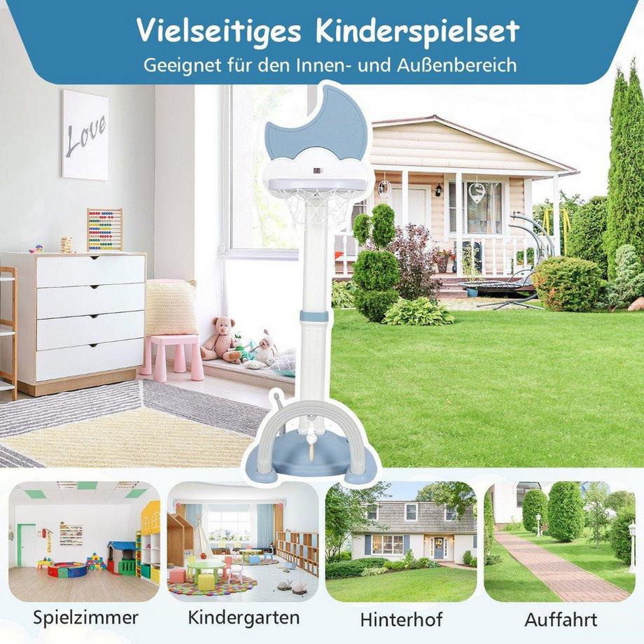 Northix  4 in 1 Kinder Basketballkorb Set mit Basketball & Fußball & Ringwurf Basketballständer Blau 