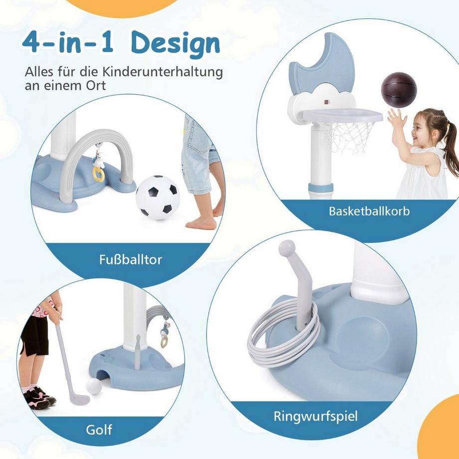 Northix  4 in 1 Kinder Basketballkorb Set mit Basketball & Fußball & Ringwurf Basketballständer Blau 