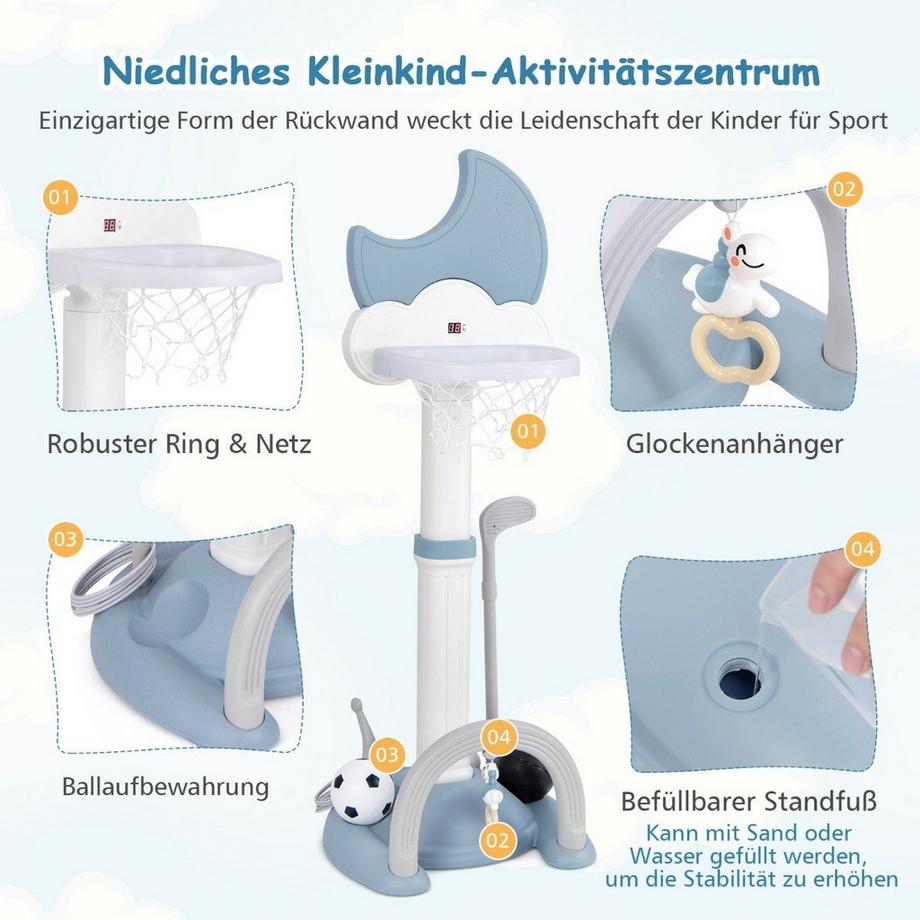 Northix  4 in 1 Kinder Basketballkorb Set mit Basketball & Fußball & Ringwurf Basketballständer Blau 