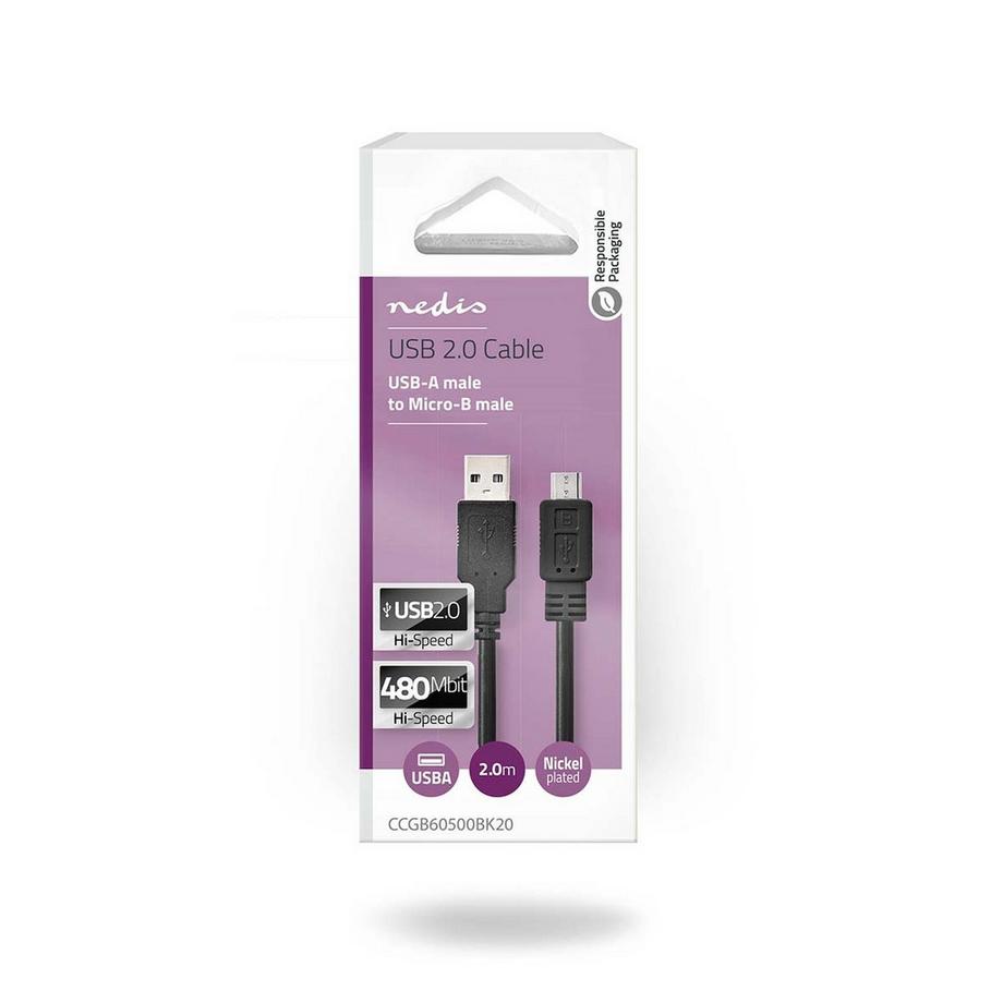 Nedis  Câble USB | USB 2.0 | USB-A mâle | USB Micro-B mâle | 480 Mbps | Nickelé | 2.00 m | Rond | PVC | Noir | Boîte 