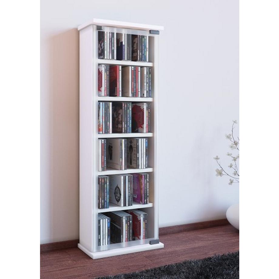 VCM CD Regal Holz | CD Schrank mit ESG-Sicherheitsglastüren für 204 CDs oder 72 DVDs | Maße: H. 92 x B. 31 x T. 18 cm | Elegantes DVD Regal mit Rollen |  