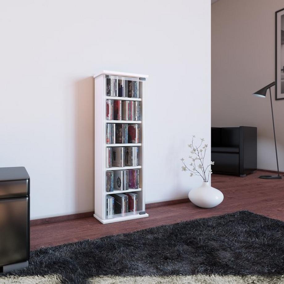 VCM CD Regal Holz | CD Schrank mit ESG-Sicherheitsglastüren für 204 CDs oder 72 DVDs | Maße: H. 92 x B. 31 x T. 18 cm | Elegantes DVD Regal mit Rollen |  