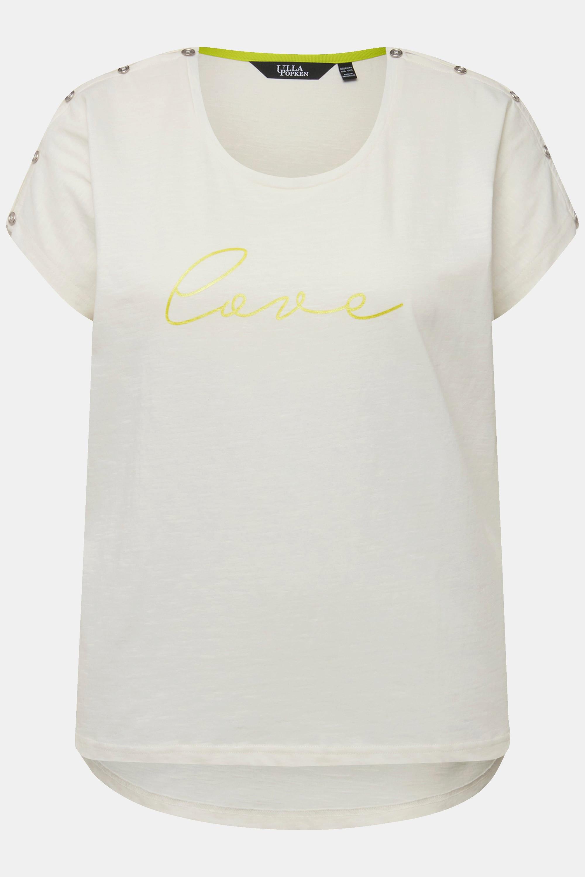 Ulla Popken  T-shirt dal taglio oversize con LOVE, bottoni, scollo a girocollo e mezze maniche 