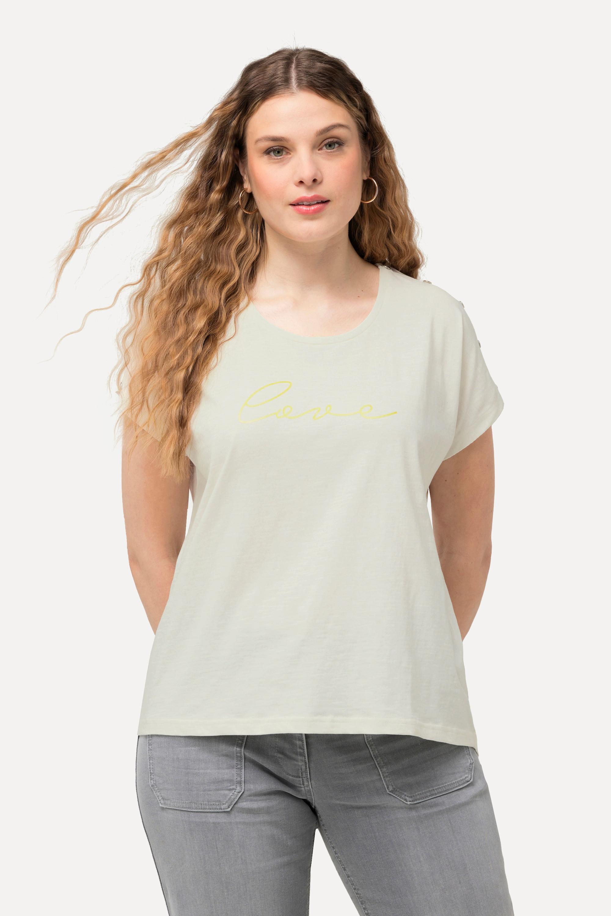 Ulla Popken  T-shirt dal taglio oversize con LOVE, bottoni, scollo a girocollo e mezze maniche 