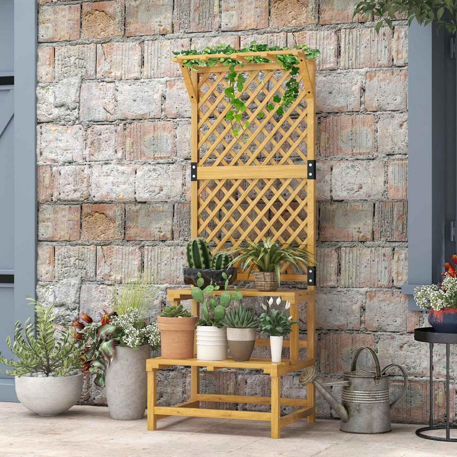Northio Supporto Per Piante In Legno Scale Per Fiori A 2 Livelli Traliccio Per Fiori Scaffale Per Piante Scale Da Giardino Patio Giallo 60X50X166 Cm  