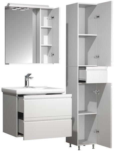 VCM 4-tlg. Waschplatz Waschtisch 60 cm Badmöbel Set Waschbecken grifflose Schublade Spiegelschrank Hochschrank Silora L  