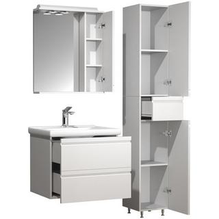 VCM 4-tlg. Waschplatz Waschtisch 60 cm Badmöbel Set Waschbecken grifflose Schublade Spiegelschrank Hochschrank Silora L  