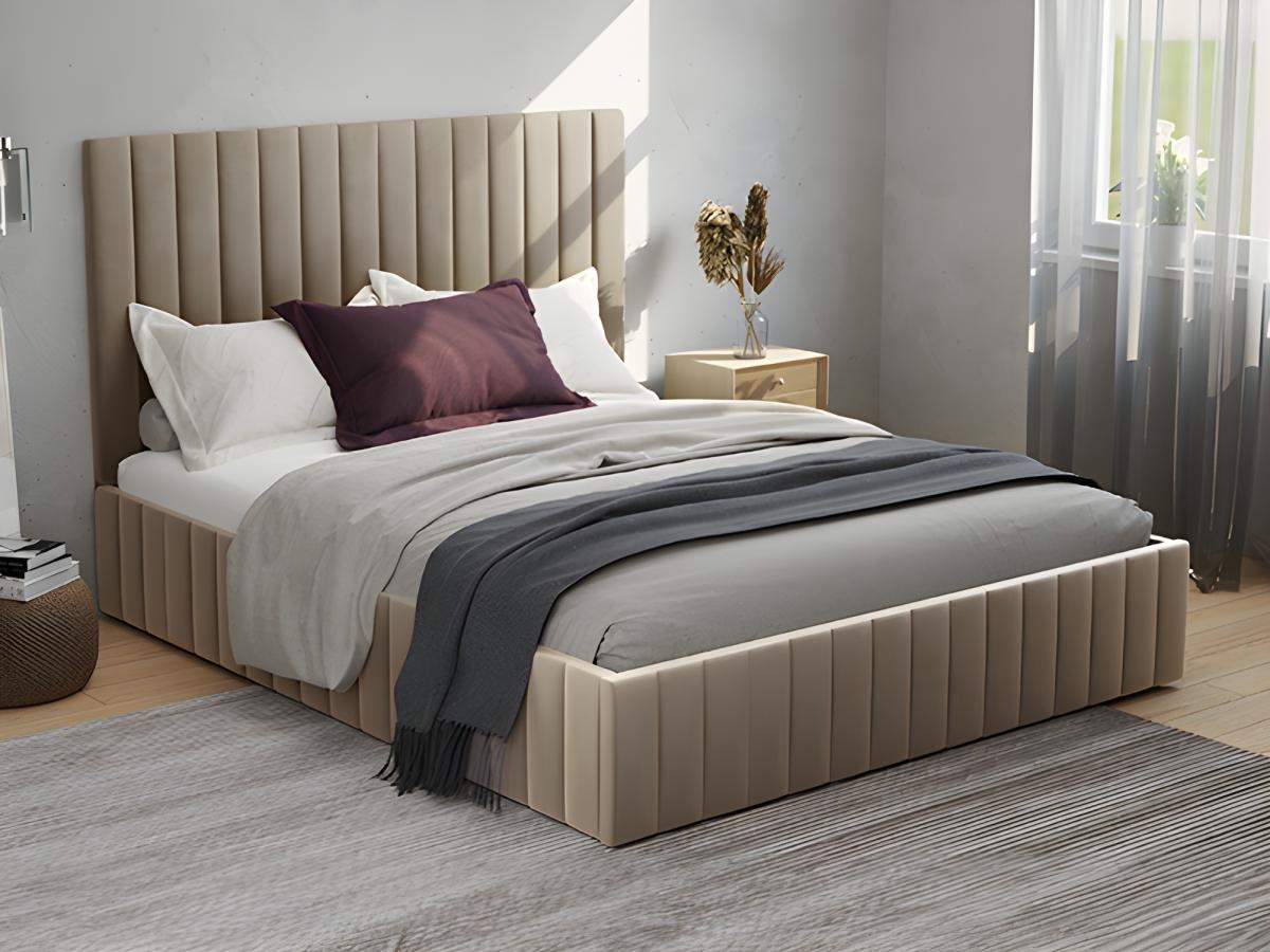 PASCAL MORABITO Lit coffre 160 x 200 cm avec tête de lit coutures verticales - Velours - Taupe + Matelas - LARALI de Pascal Morabito  