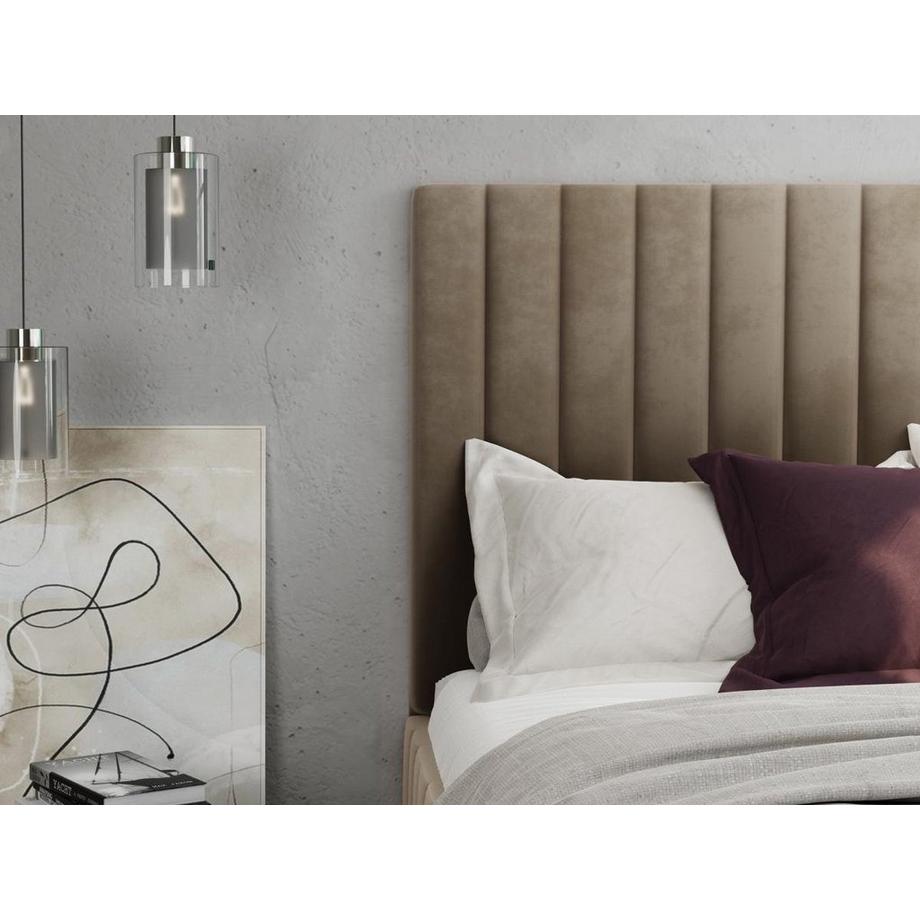 Vente-unique Lit coffre 160 x 200 cm avec tête de lit coutures verticales - Velours - Taupe + Matelas - LARALI de Pascal Morabito  