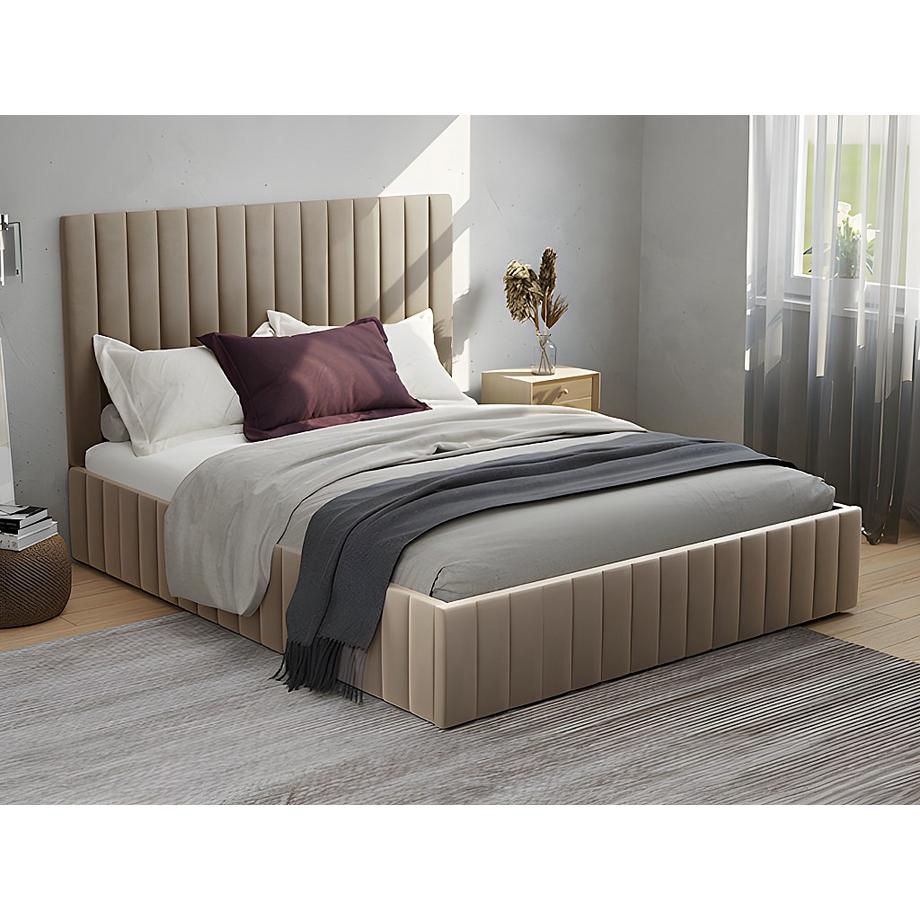 Vente-unique Lit coffre 160 x 200 cm avec tête de lit coutures verticales - Velours - Taupe + Matelas - LARALI de Pascal Morabito  