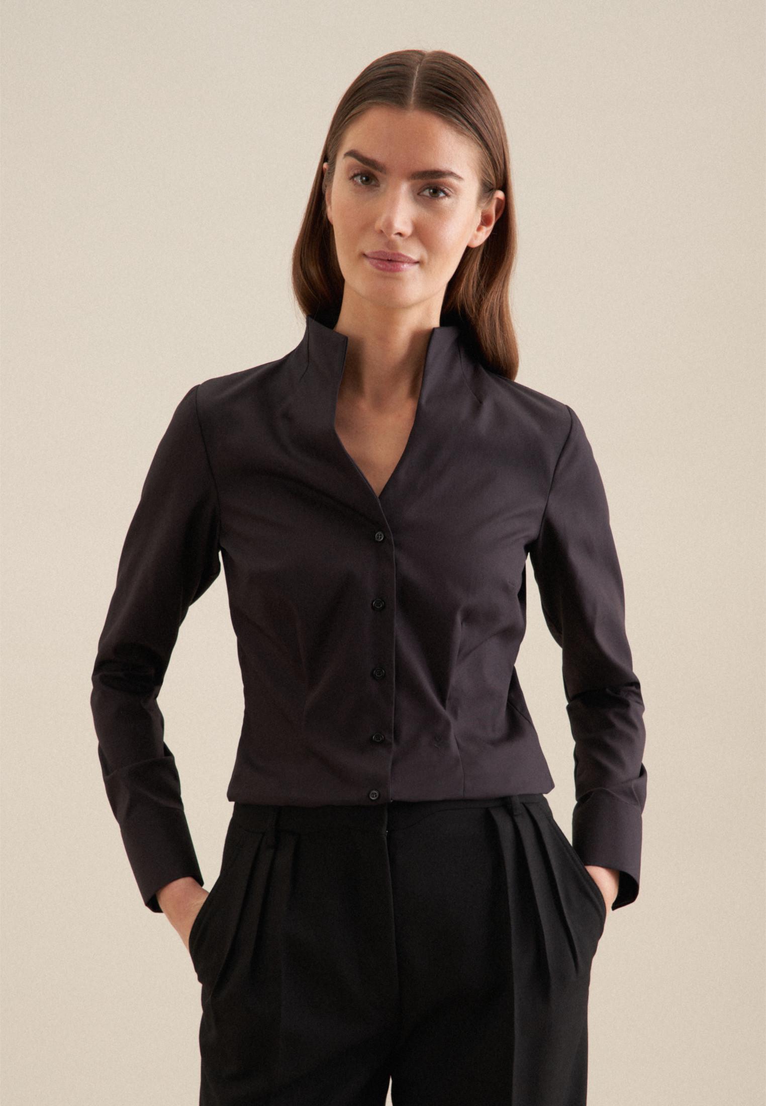 Image of Kelchkragenbluse Uni Langarm Kragen Damen Schwarz 46