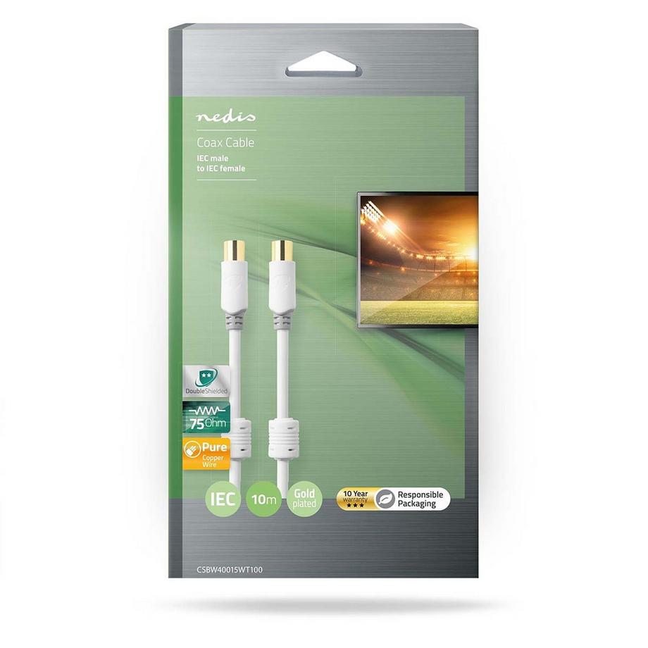 Nedis  Koaxialkabel | IEC (Koax) Stecker | IEC (Koax) Buchse | Vergoldet | 100 dB | 75 Ohm | Doppelt geschirmt | 10,0 m | Rund | PVC | Weiß | Kartoniert 