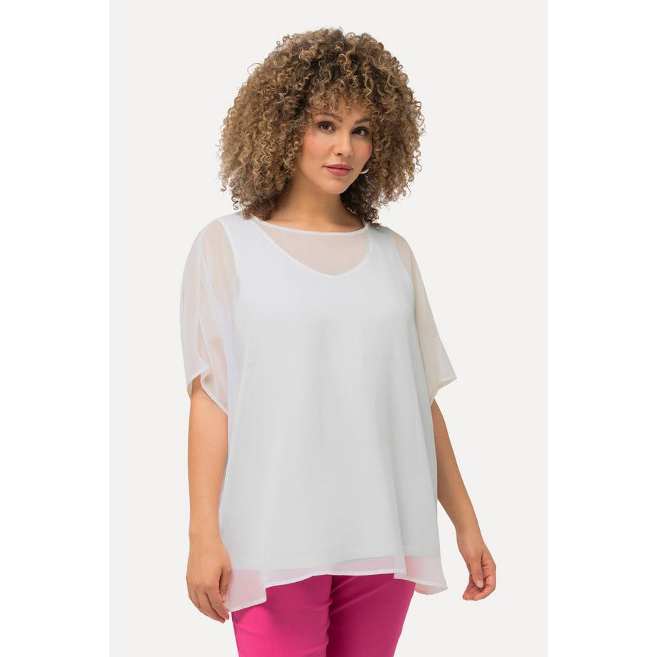 Ulla Popken Blouse Oversized Col Rond Manches Courtes en Chiffon  