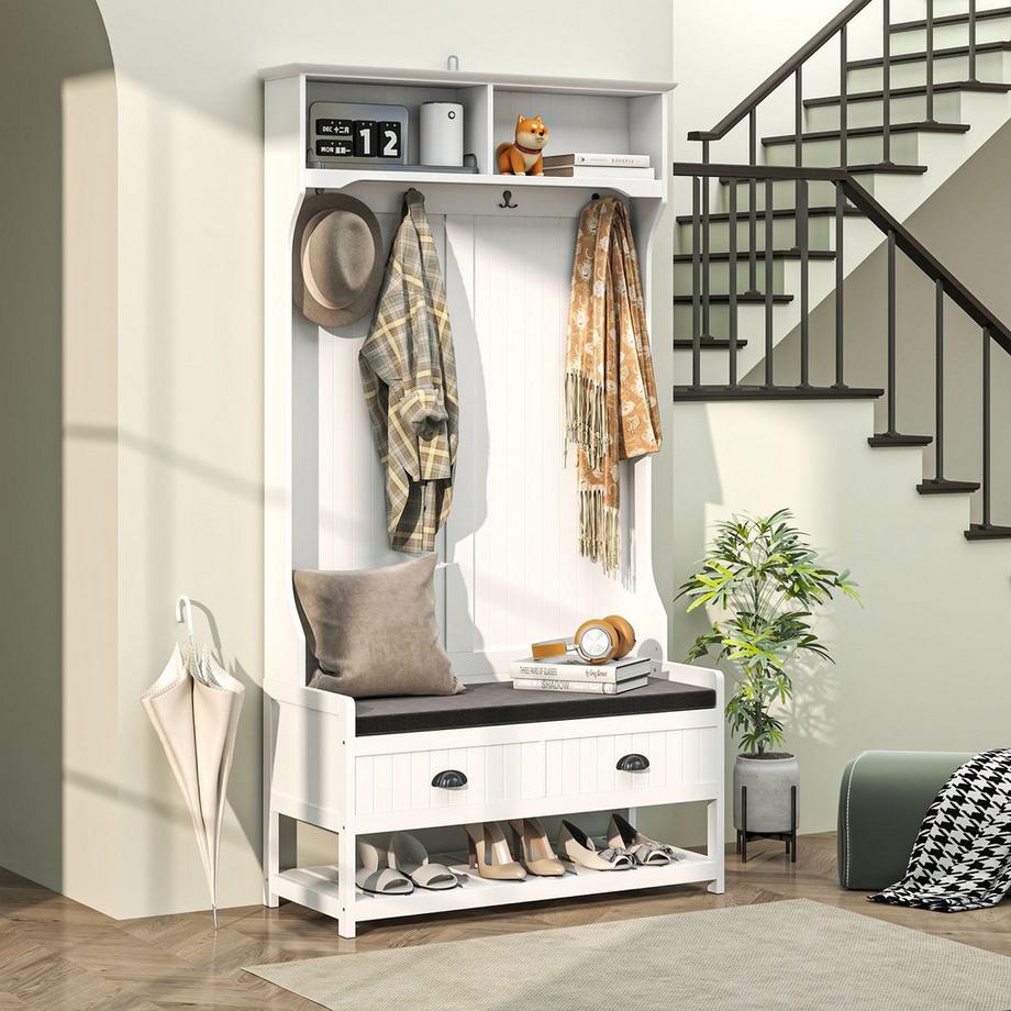 Northio  2-in-1 Garderobenständer, Kleiderständer mit 4 Haken, Garderobe mit Schuhbank und Ablagen, Jackenständer mit Kippschutz, für Eingangsbereich, Flur, Schlafzimmer, Weiß+Grau 