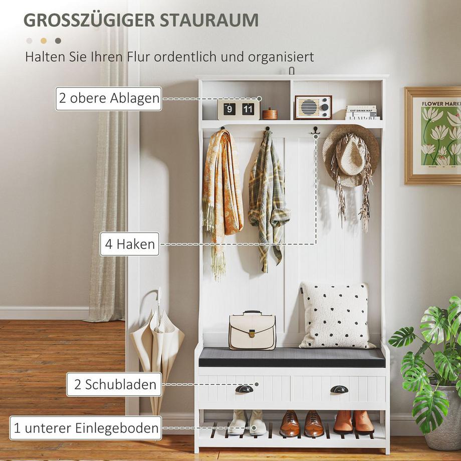 Northio  2-in-1 Garderobenständer, Kleiderständer mit 4 Haken, Garderobe mit Schuhbank und Ablagen, Jackenständer mit Kippschutz, für Eingangsbereich, Flur, Schlafzimmer, Weiß+Grau 