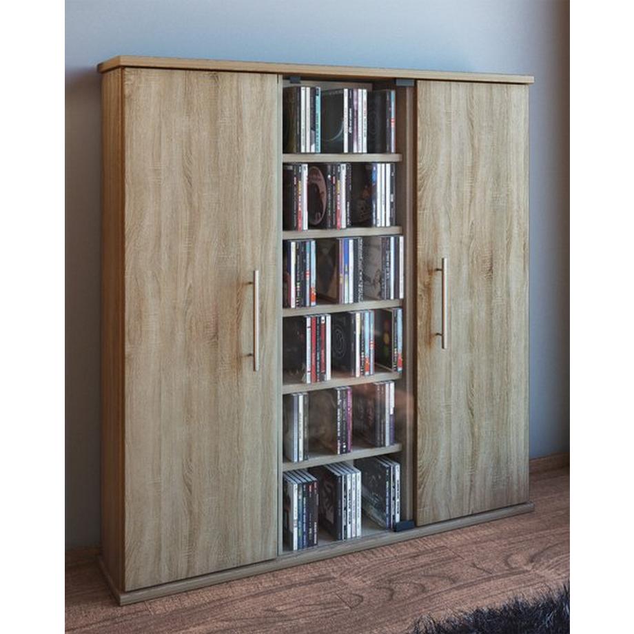 VCM CD Regal Holz | CD Schrank mit 1 ESG-Sicherheitsglastür und 2 Holztüren für 450 CDs oder 195 DVDs oder 108-Videos | Maße: H. 92 x B. 86 x T. 18 cm |  