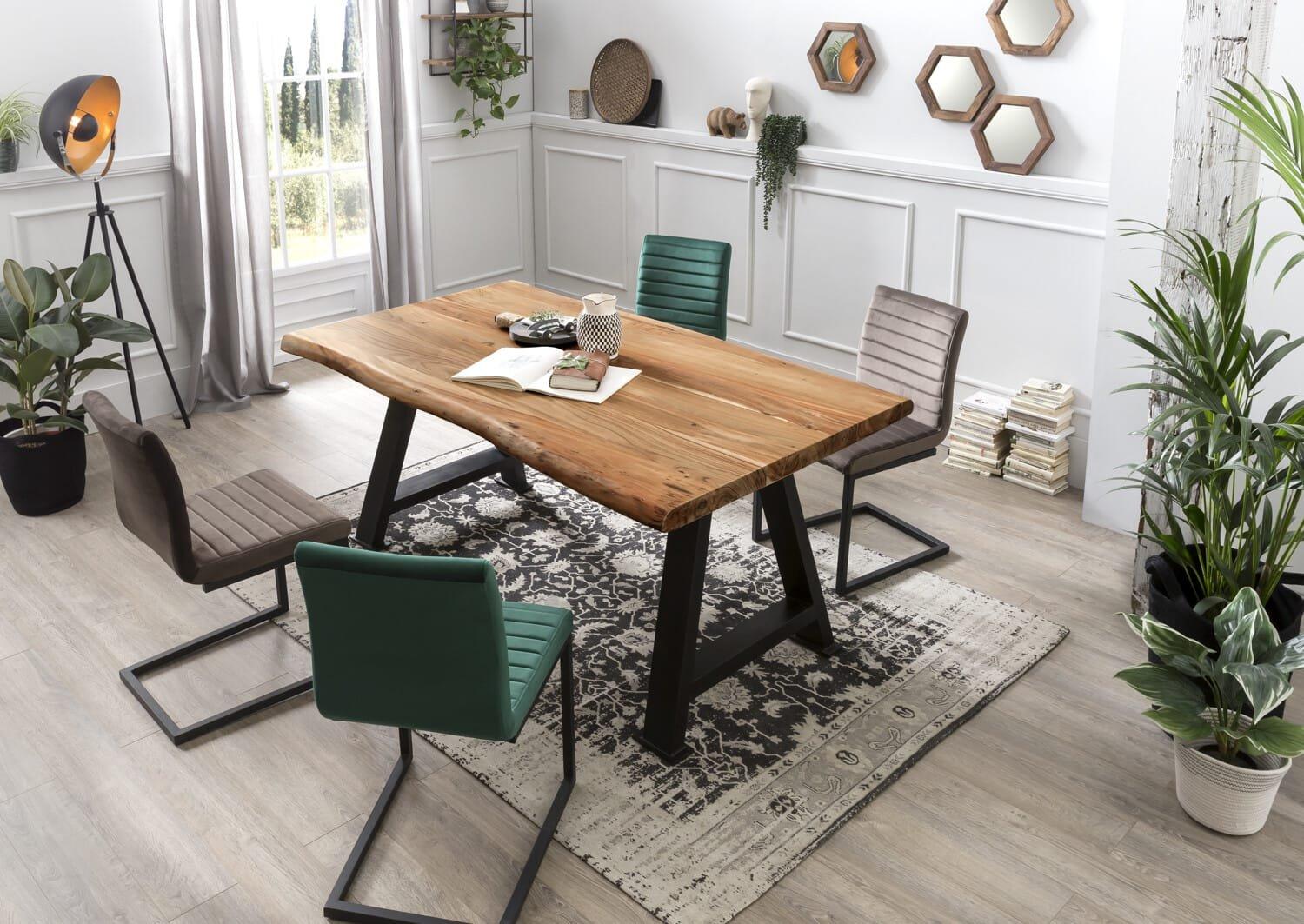 mutoni Table 200x100 cm - acacia naturel - métal noir antique - avec bordure d'arbre  