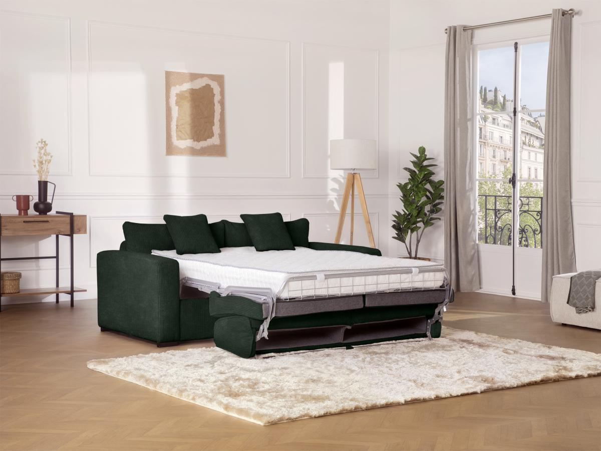 Vente-unique Canapé 4 places convertible express en velours côtelé vert - Couchage 160 cm - Matelas 18 cm -  MONDOVI  