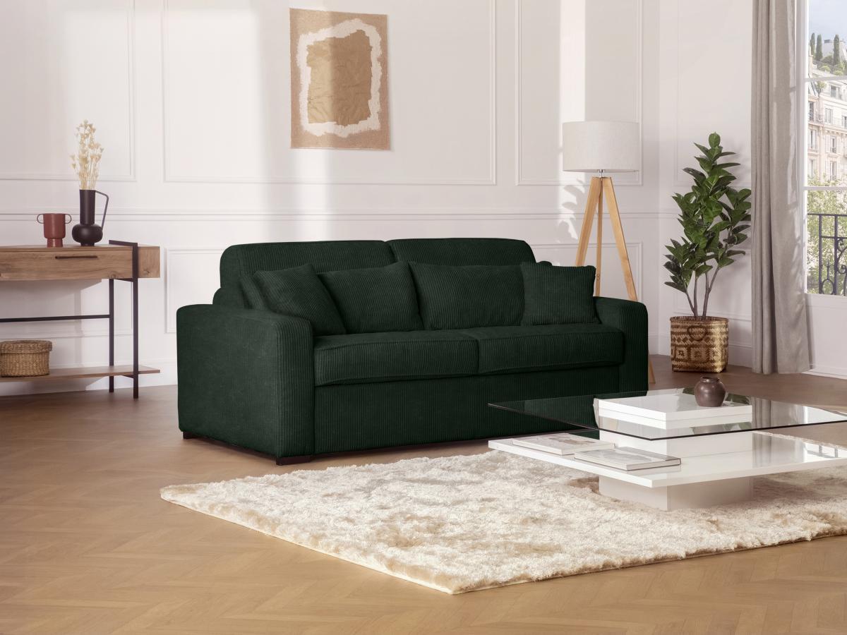 Vente-unique Canapé 4 places convertible express en velours côtelé vert - Couchage 160 cm - Matelas 18 cm -  MONDOVI  