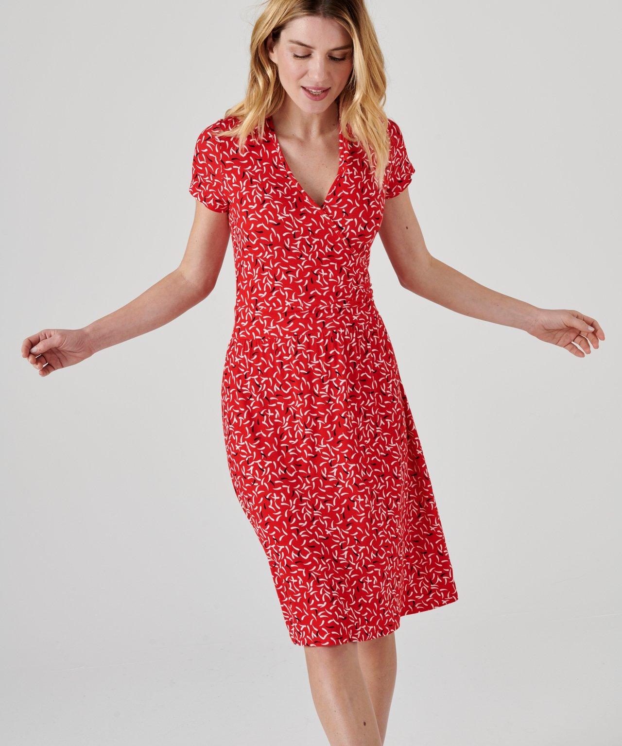 Image of Kleid In Wickeloptik, Flacher Tailleneinsatz, V-ausschnitt. Damen Rot 50