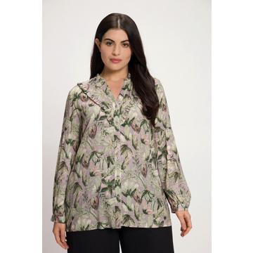 Blusa di crêpe con fiori, collo alto, ruche e maniche lunghe