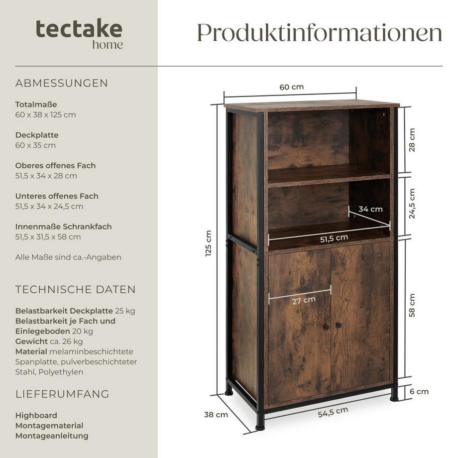 Tectake Highboard Doncaster Industrial Style Holz und Stahl  