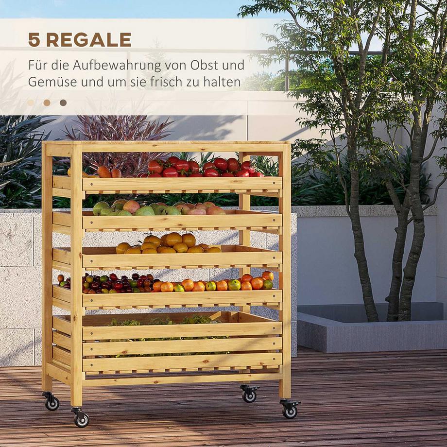 Northio  Obsthalter Mit Rädern Gemüseregal Mit 5 Regalen, Obstkorbständer, Aufbewahrungswagen Für Gemüse, Bis 20 Kg, Tannenholz, Natur 