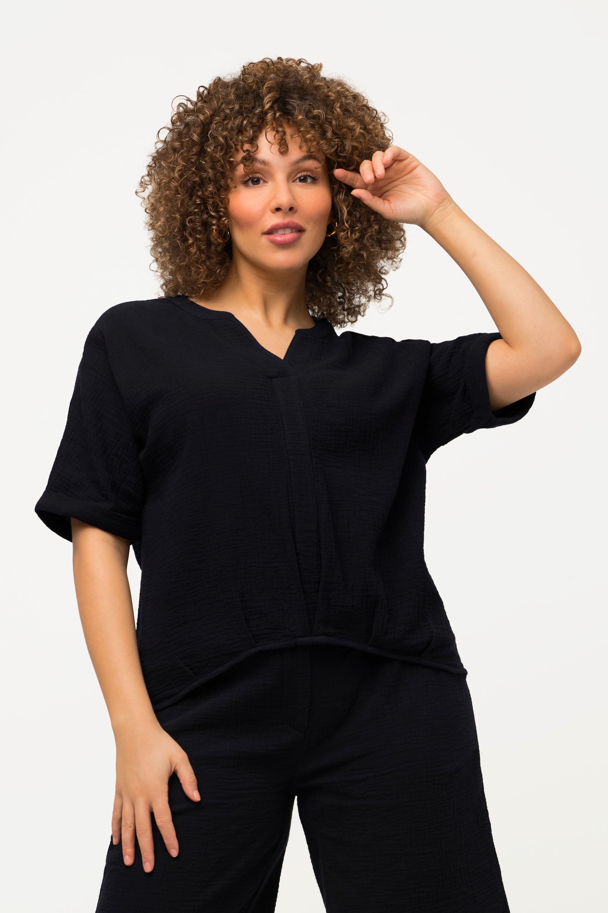 Ulla Popken  Blusa dal taglio oversize in mussola con scollo a tunica e mezze maniche 