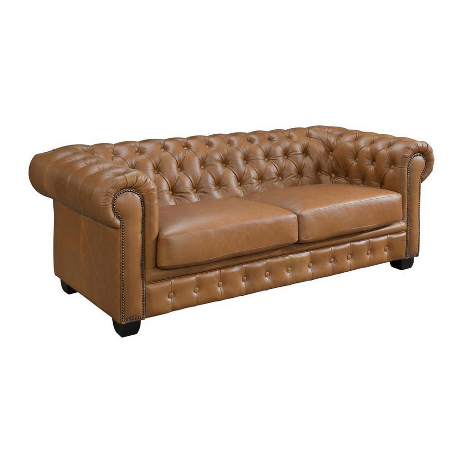 LINEA SOFA Chesterfield Ledersofa 3-Sitzer - Büffelleder - Karamellbraun - BRENTON  