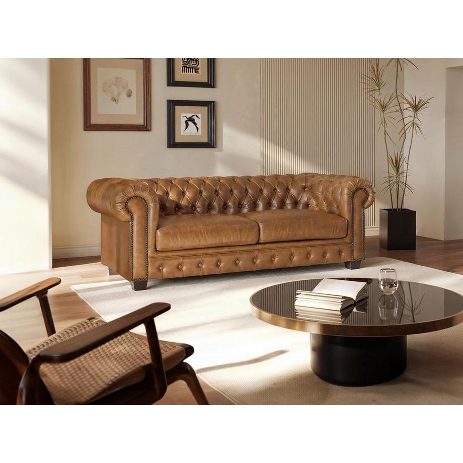 LINEA SOFA Chesterfield Ledersofa 3-Sitzer - Büffelleder - Karamellbraun - BRENTON  