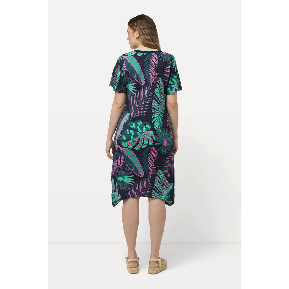 Ulla Popken Robe Midi Jersey Palmiers Coupe A V-Col Manches Courtes  