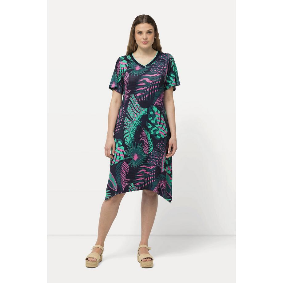 Ulla Popken Robe Midi Jersey Palmiers Coupe A V-Col Manches Courtes  