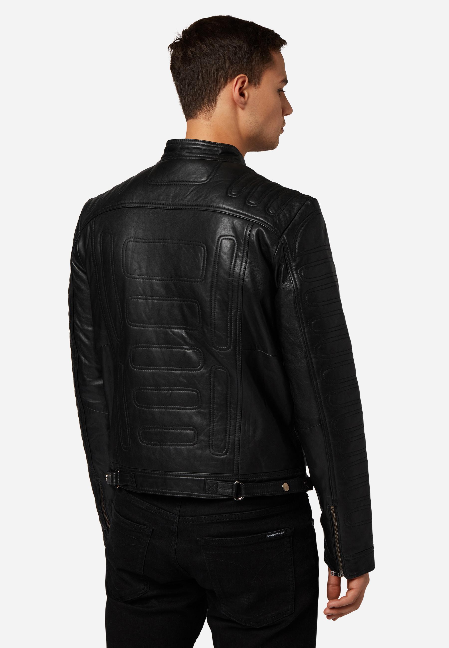 RICANO  Veste en cuir pour homme 410 - Veste de motard avec fermeture à bouton-pression sur la bande 