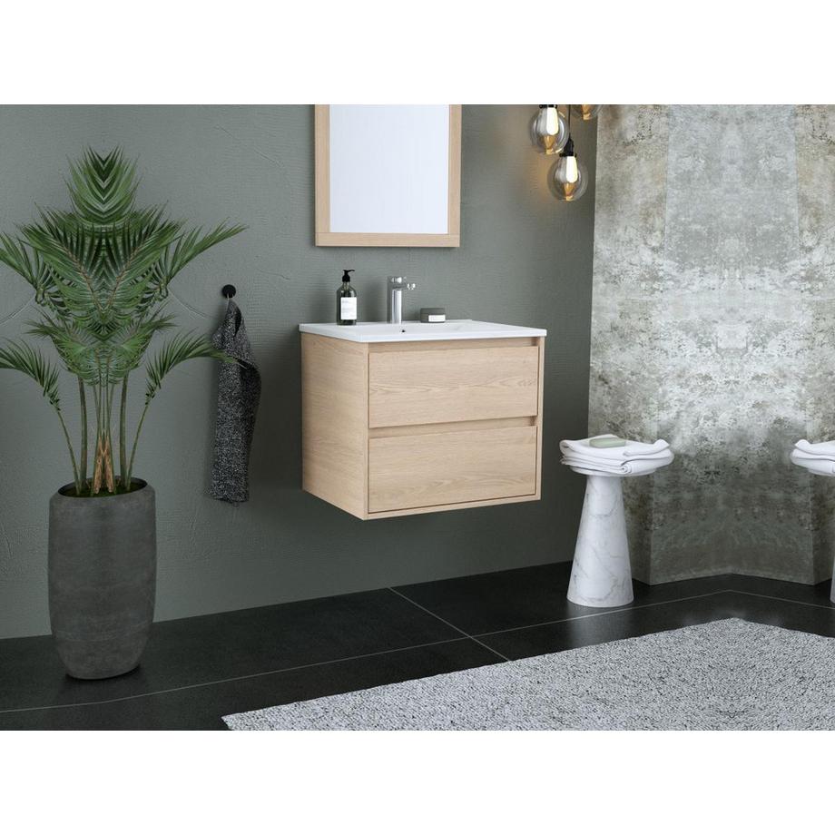 Vente-unique Meuble de salle de bain suspendu avec vasque à encastrer et miroir - Placage chêne - 60 cm - MILIPAM  