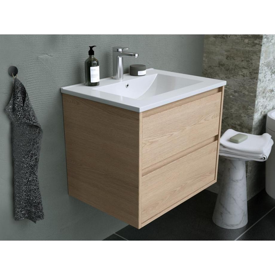 Vente-unique Meuble de salle de bain suspendu avec vasque à encastrer et miroir - Placage chêne - 60 cm - MILIPAM  