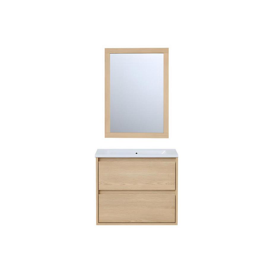 Meuble de salle de bain suspendu avec vasque à encastrer et miroir - Placage chêne - 60 cm - MILIPAM