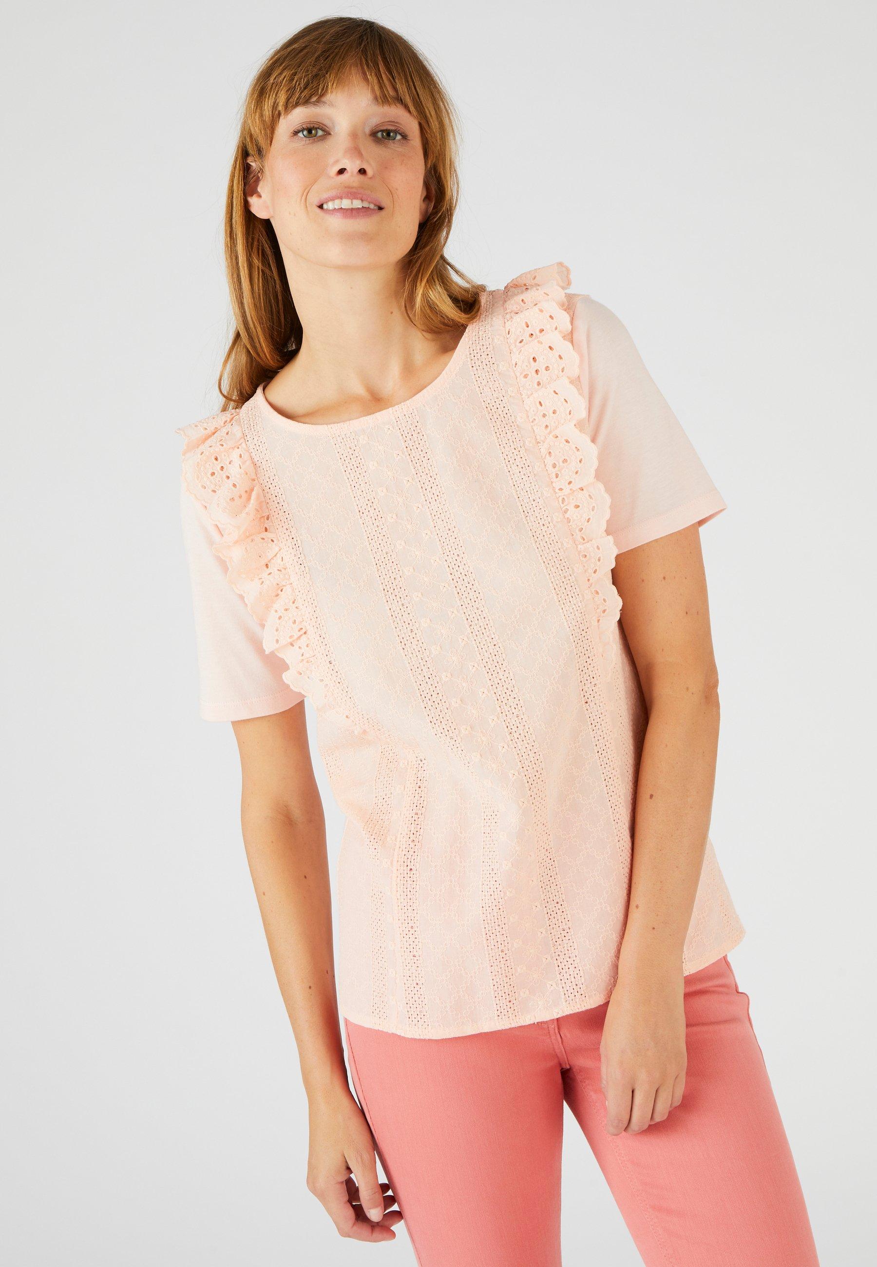 Image of T-shirt Aus Materialmix Mit Lochstickerei. Damen Rosa 42/44