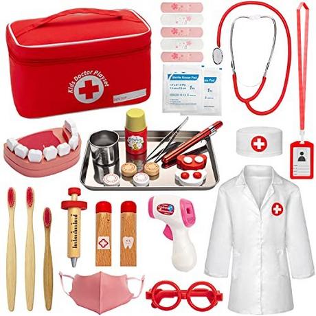 Activity-board  Mallette de médecin pour enfant avec stéthoscope, sacoche de médecin pour enfant mallette de médecin rouge pour jeu de rôle dentiste 
