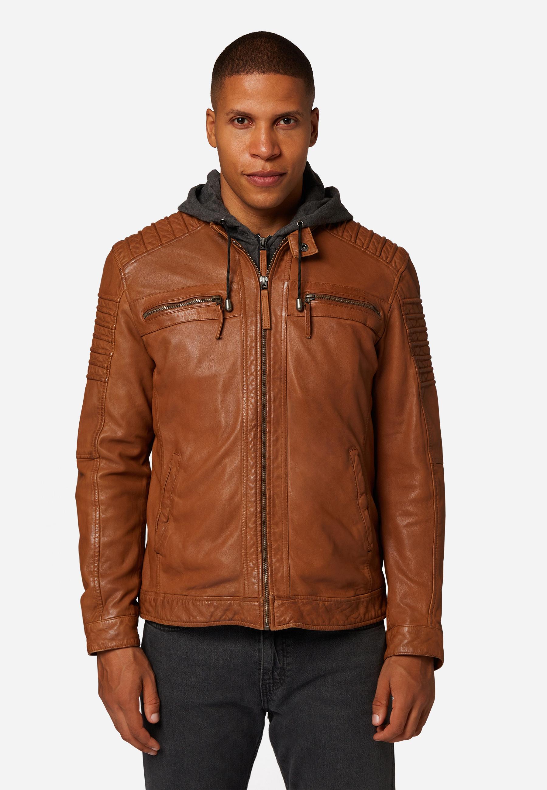 RICANO  Veste en cuir pour homme 12815 Hood, style motard avec capuche amovible 