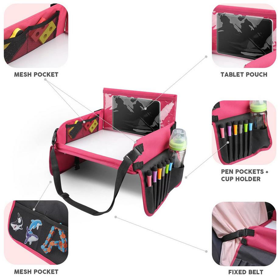 Activity-board  Table de voyage à genoux pour enfants avec planche à dessin effaçable et 6 crayons de couleur pour jouer et manger Table de jeu Table de siège de voiture pour poussettes, landaus, voiture, avion, train 