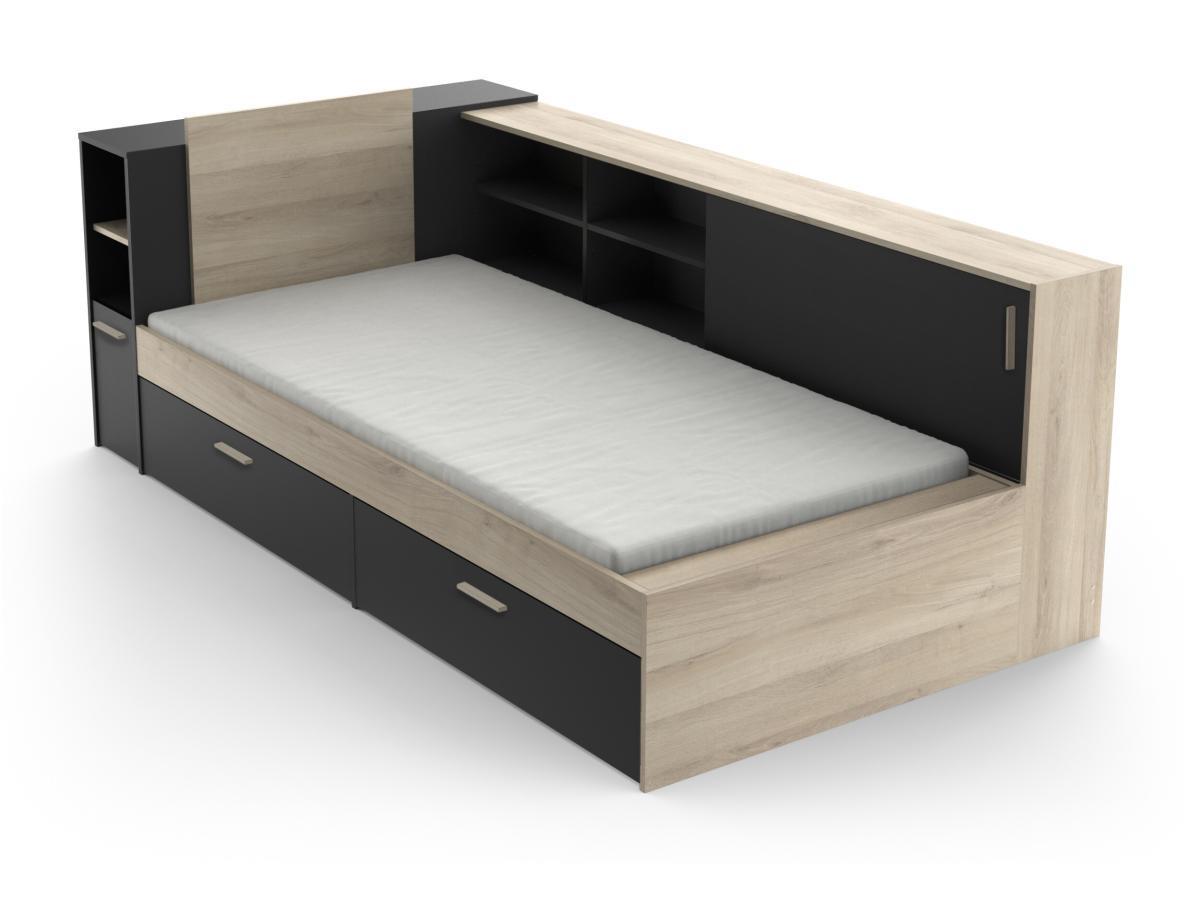 Vente-unique Letto modulare Con vani portaoggetti 90 x 190/200 cm Nero e Naturale - LIARA  