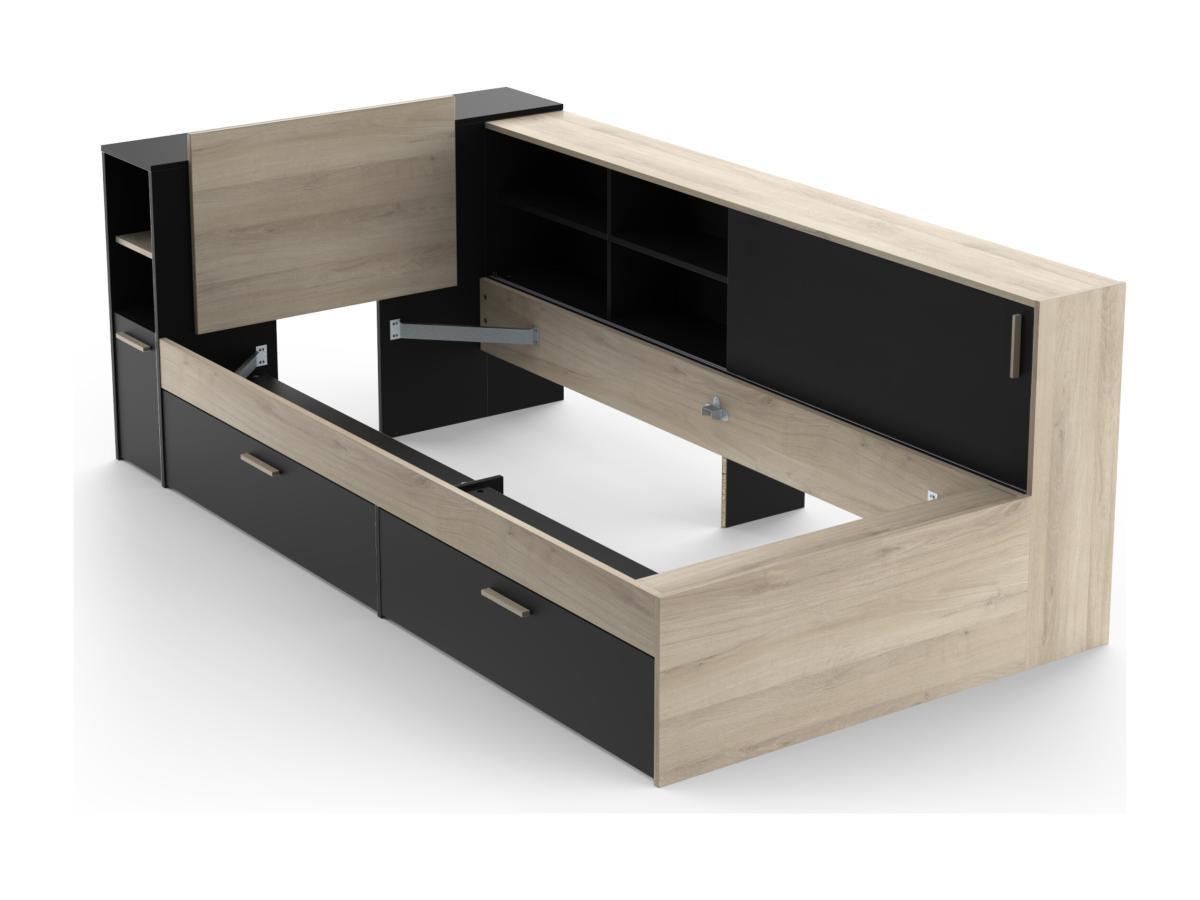 Vente-unique Letto modulare Con vani portaoggetti 90 x 190/200 cm Nero e Naturale - LIARA  