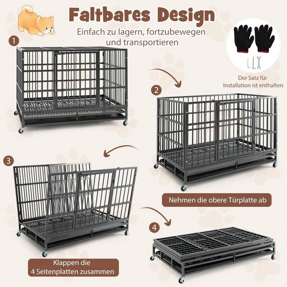 Northix  Cage pour chien pliable avec 2 portes & Rôles et amp; plateau extensible cage de transport caisse de transport 120 x 76 x 90 cm 