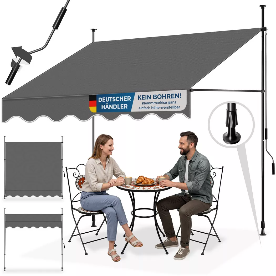tectake® Klemmmarkise, mit Handkurbel, höhenverstellbar 211 - 304 cm, einfache Montage