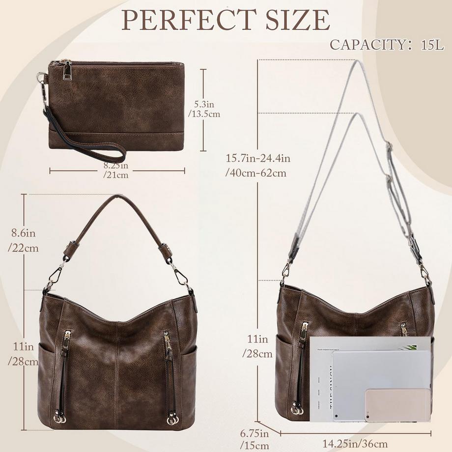 Only-bags.store Grosse Hobo Umhängetasche mit abnehmbarem Gurt und passendem Portemonnaie Set  