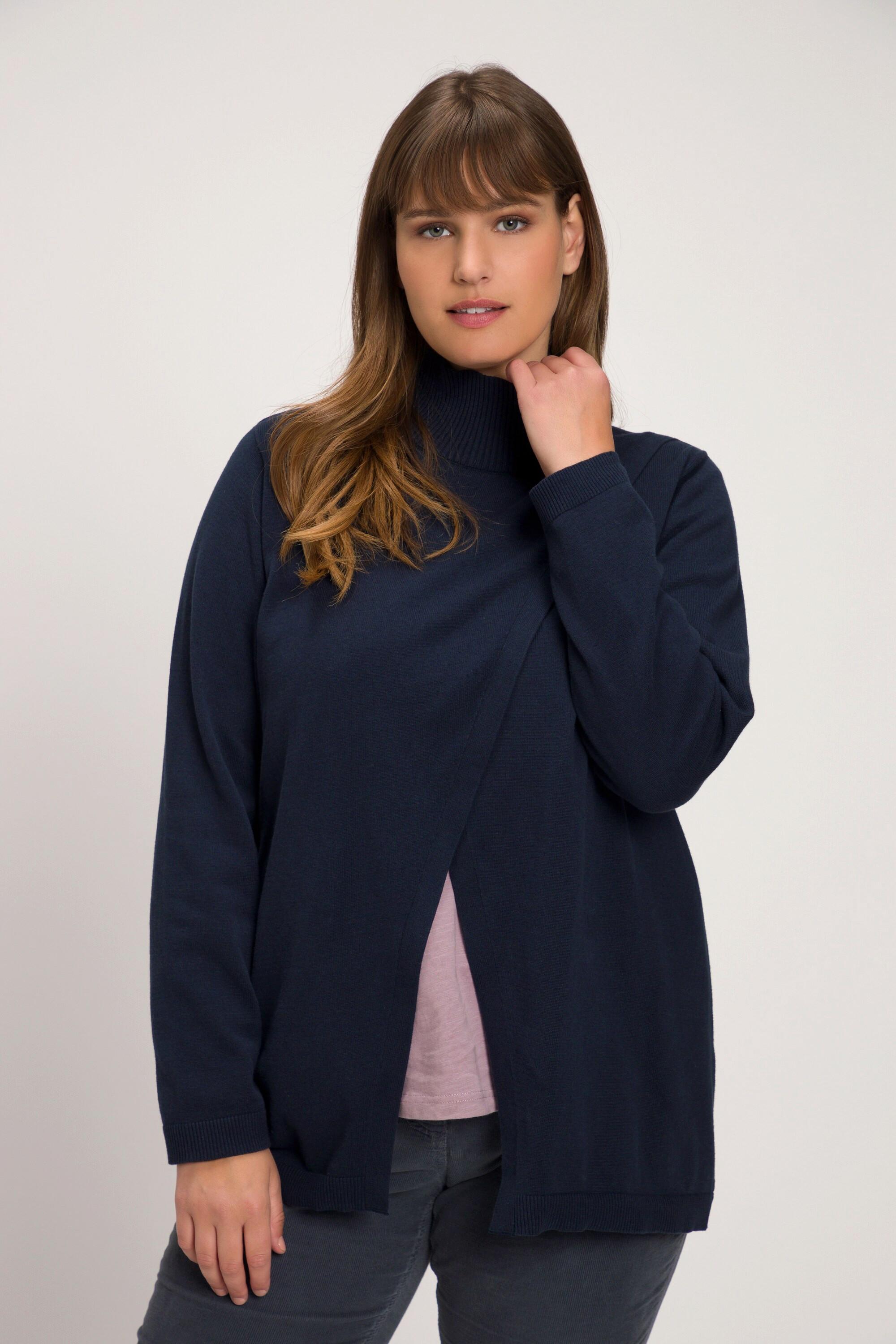 Ulla Popken  Pullover in cotone biologico con orlo con spacco, collo alto e maniche lunghe 