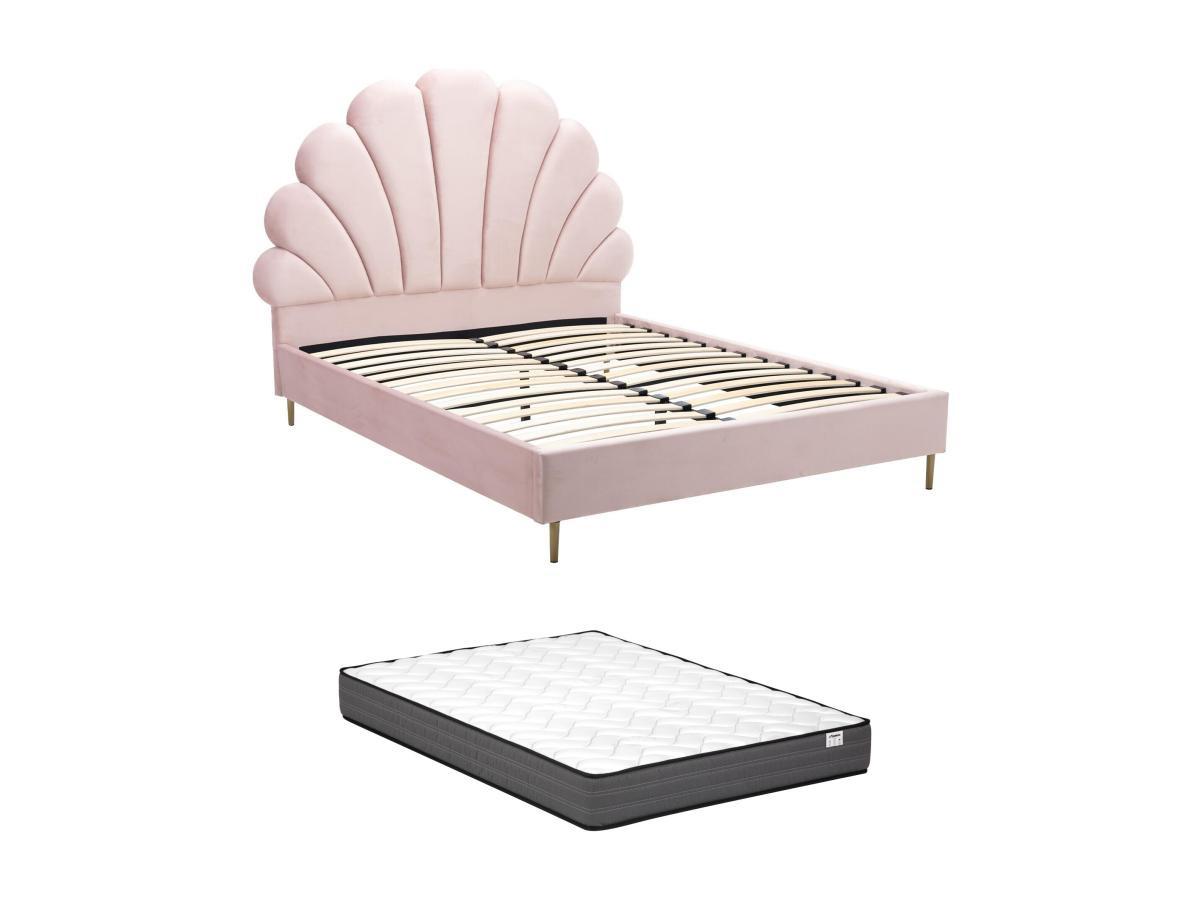 Vente-unique Bett mit Kopfteil in Muschelform + Matratze - 160 x 200 cm - Samt - Rosa - LIVAYA  