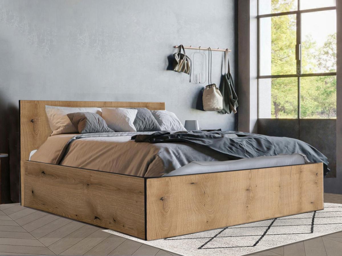 Vente-unique Bett mit Bettkasten - 140 x 190 cm - Holzfarben & Anthrazit + Matratze - ELPHEGE  